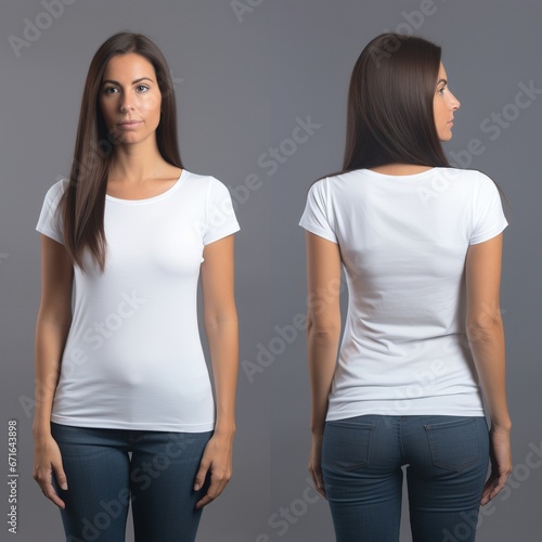 female model wearing white tshirt for muck presentation front and back view