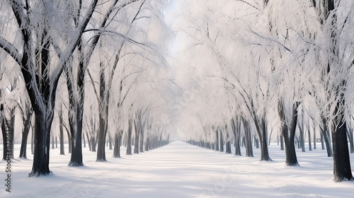 Winter Snow Trees, Park Road Perspective, White Alley Tree Rows convergence. © Santy Hong