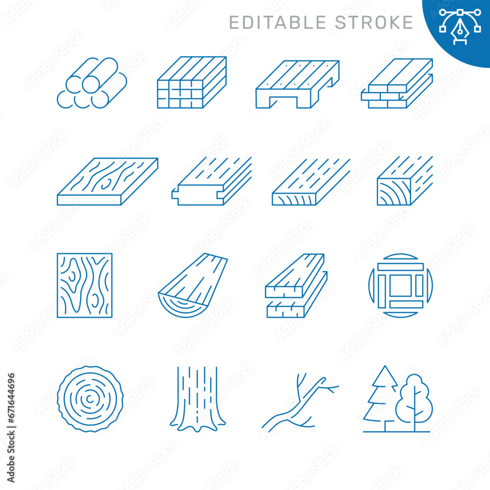 Vector line set of icons related with lumber. Contains monochrome icons like sawmill, timber, wood, forestry, board, branch and more. Simple outline sign. Editable stroke.