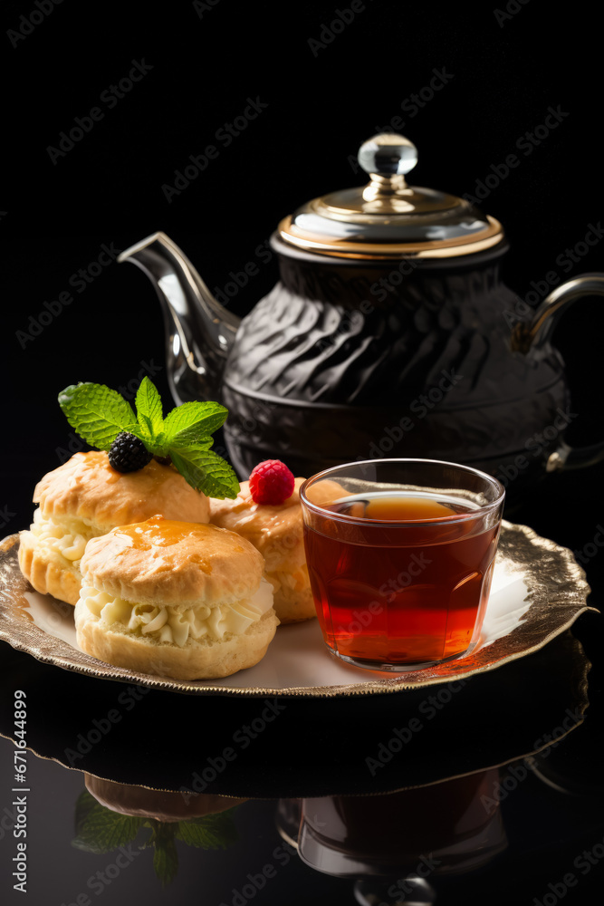 British afternoon tea set with black tea pot isolated on a white background British afternoon tea set with black tea pot isolated on a white background
