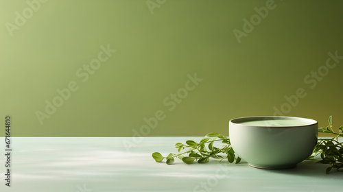 cup of green tea and mint leaves on olive background with copy space.