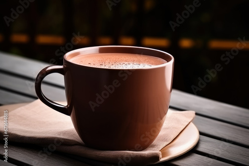 Artisanal hot chocolate in cozy cafe setting background with empty space for text 