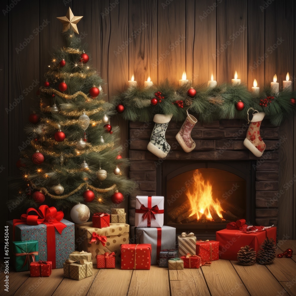 Christmas tree on the background of the fireplace. Christmas background