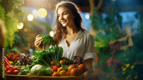 Young woman The farmer holding a basket of very fresh vegetables planting with own hands  vegetarian  healthy salad  sparkling bokeh background.
