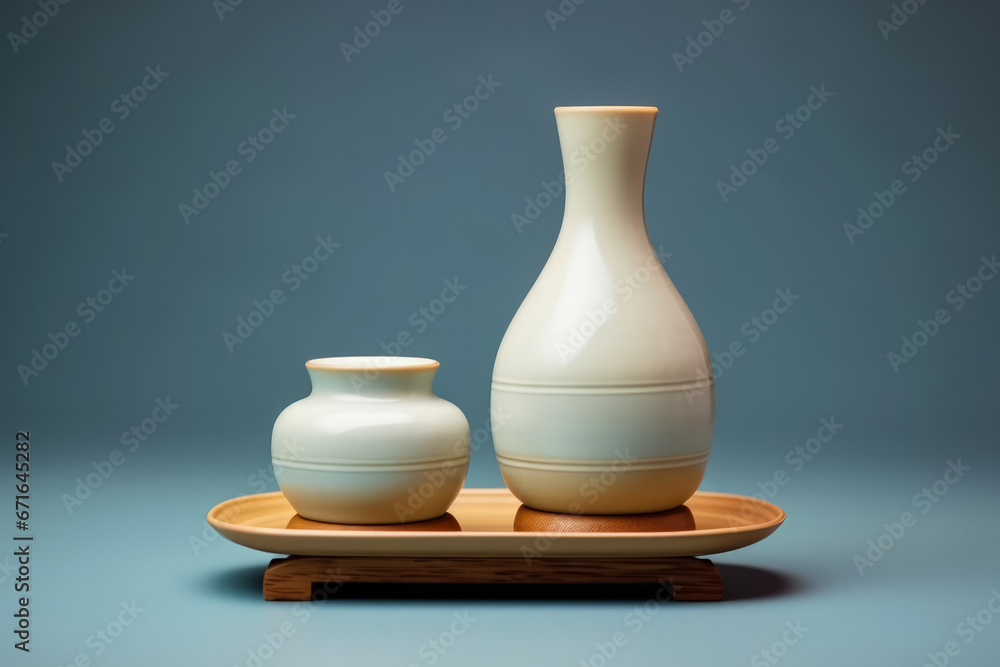 Traditional sake set in Japanese ceremony isolated on a gradient background Traditional sake set in Japanese ceremony isolated on a gradient background