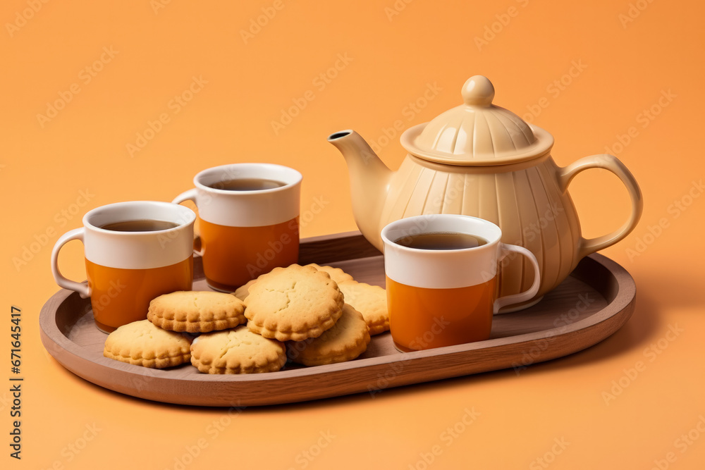 Classic British tea set with biscuits isolated on a gradient background Classic British tea set with biscuits isolated on a gradient background