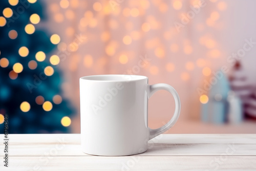 White blank mug for mockup, Christmas decorations in background 