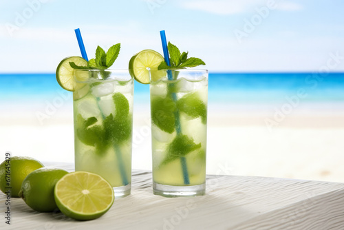 Mint mojito cocktails with tropical beach backdrop isolated on a white background 