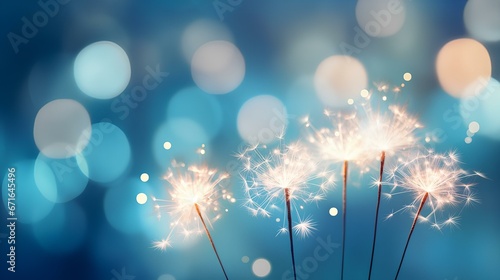Blue Christmas background with sparkling sparklers.