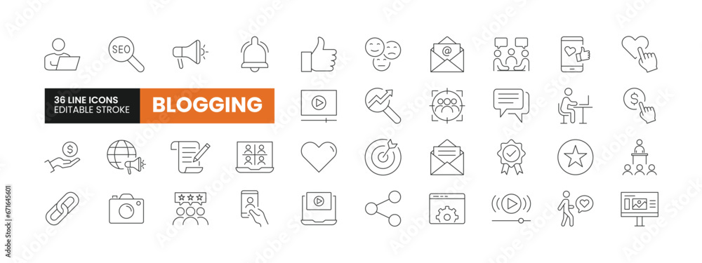 Set of 36 Blogger line icons set. Blogger outline icons with editable stroke collection. Includes Blogger, SEO, Growth, Feedback, Subscribe and More. Set of 36 Blogger line icons set. Blogger outline icons with editable stroke collection. Includes Blogger, SEO, Growth, Feedback, Subscribe and More.