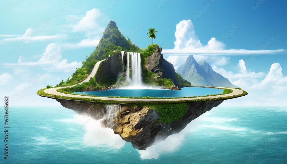 3d illustration of floating road with tropical island. piece of land with waterfall and ocean - obrazy, fototapety, plakaty 