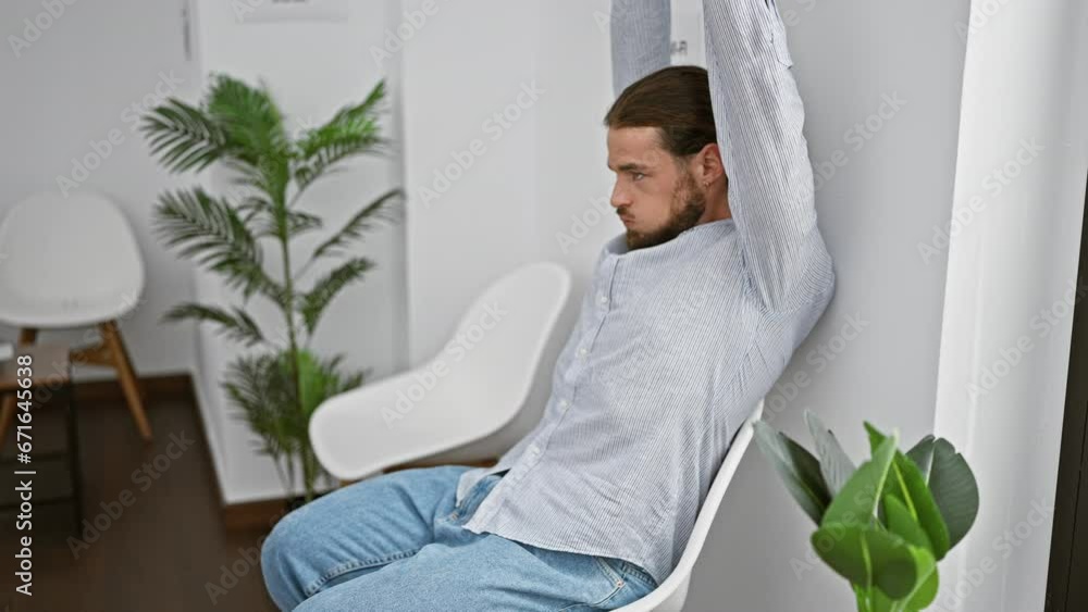 Young hispanic man sitting on chair stretching arms stressed at waiting room Young hispanic man sitting on chair stretching arms stressed at waiting room