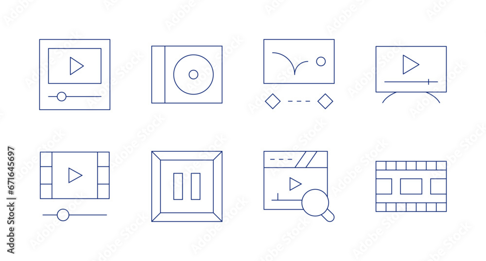 Multimedia icons. Editable stroke. Containing animation, search, cd, pause, tv monitor, video, video player.