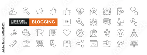 Set of 36 Blogger line icons set. Blogger outline icons with editable stroke collection. Includes Blogger, SEO, Growth, Feedback, Subscribe and More.
