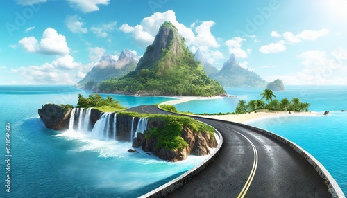 3d illustration of floating road with tropical island. piece of land with waterfall and ocean photo
