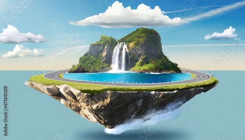 3d illustration of floating road with tropical island. piece of land with waterfall and ocean photo