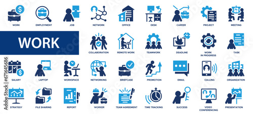 Work flat icons set. Career, office, employment, teamwork, meeting, organization icons and more signs. Flat icon collection.