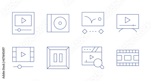 Multimedia icons. Editable stroke. Containing animation, search, cd, pause, tv monitor, video, video player. © Spaceicon