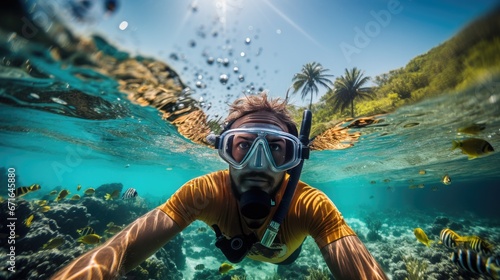 Male swimmer Snorkeling in the ocean sea with swim gear and looking at the sea world of reef fishes rocks, and water tropical exploration of the beautiful nature