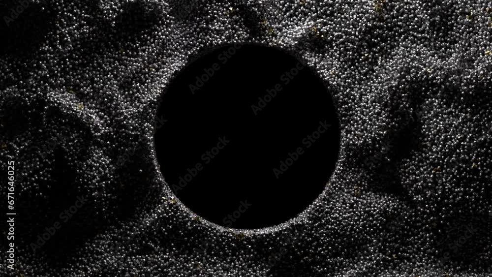 3d render black and white monochrome abstract art video animation with surreal 3d background with small balls spheres dust particles in turbulence random rotation process with black hole in the centre