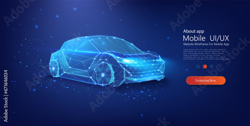 Digital Polygonal Car Render with Luminous Edges on a Starry Night Background. Digital car in a futuristic style. Сoncept for a banner or landing page.