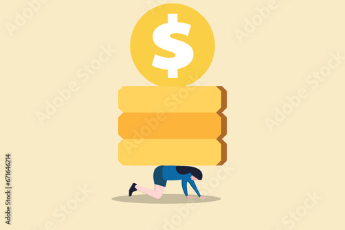 Business woman bent by huge coin. Concept for burden of taxes, financial debts, payment of interest to creditors photo