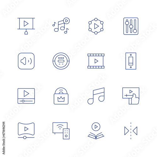 Multimedia line icon set on transparent background with editable stroke. Containing setup, switch, video, reflect, video player, audio, music and multimedia, network, learning, multimedia, live. © Spaceicon