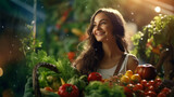 Young woman The farmer holding a basket of very fresh vegetables,planting with own hands, vegetarian, healthy salad, sparkling bokeh background.