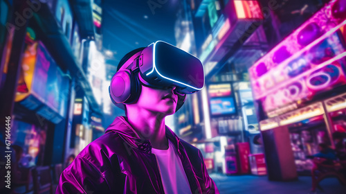 Guy with VR headset having an immersive 3D gaming experience in a retro futuristic vaporwave city full of neon lights & digital screens