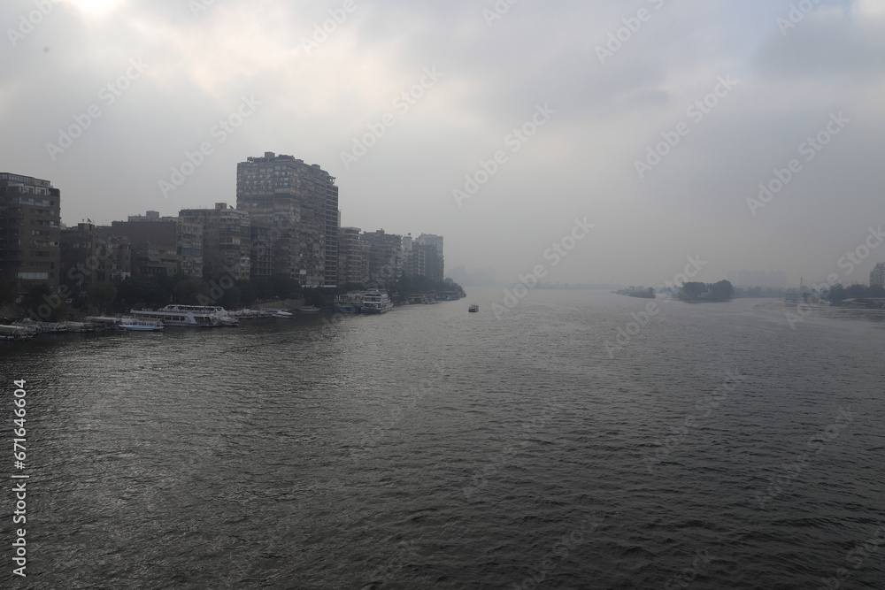 The Nile, river, fog, buildings The Nile, river, fog, buildings