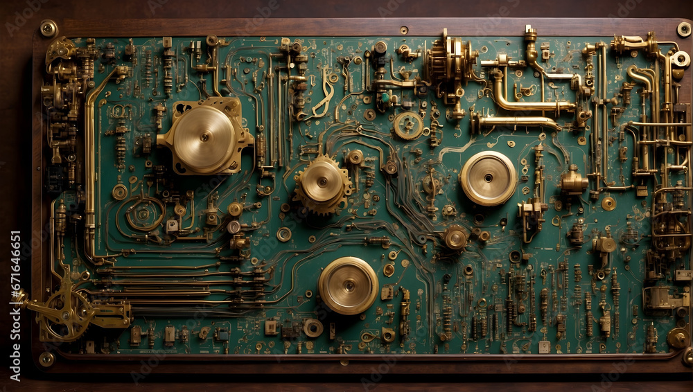 an image of a steampunk PC circuit board with brass components, gears, and steam conduits, blending Victorian-era aesthetics with modern computing elements. Generative AI