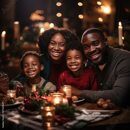 Black African American Loving Family opening gifts and present at Christmas with Mother Father and children all smiles and happy