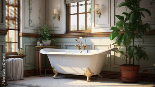 a white bathroom with a tub and potted plants