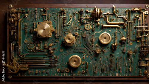 an image of a steampunk PC circuit board with brass components, gears, and steam conduits, blending Victorian-era aesthetics with modern computing elements. Generative AI