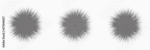Abstract grunge burst halftone texture effect. Shine light effect halftone. Retro style dots background set. Vector illustration.