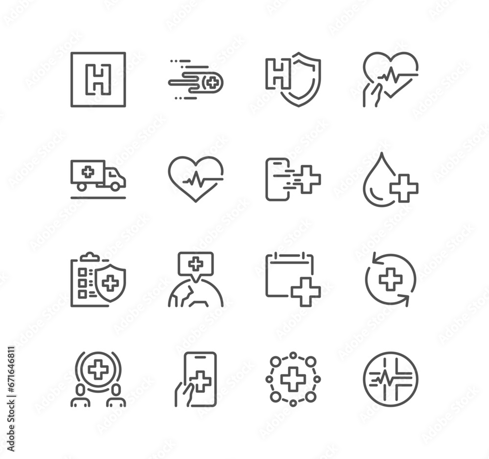 Set of hospital and medical care related icons, health insurance, pharmacy, doctor, recover, life unsurance, symptoms and linear variety vectors.