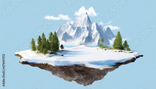 3D Floating island with snow mountains and trees photo