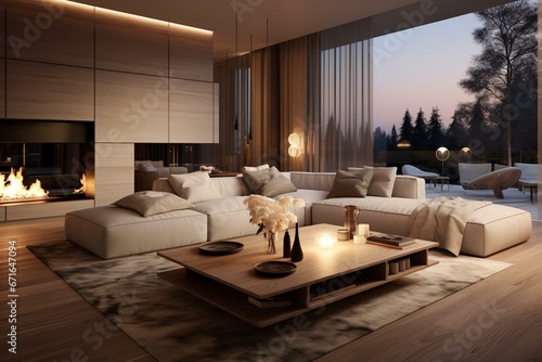 Contemporary lounge with dim lighting; 3D visualization. Generative AI