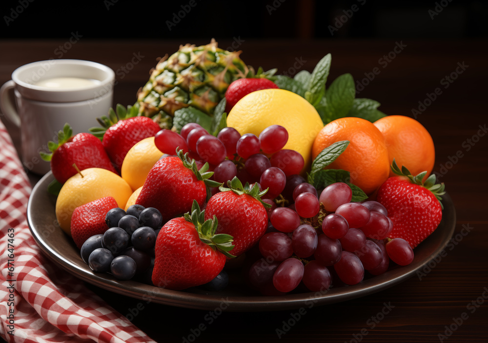 Illustration of fresh assorted fruits background. Love fruits, healthy food. Generative AI Illustration of fresh assorted fruits background. Love fruits, healthy food. Generative AI