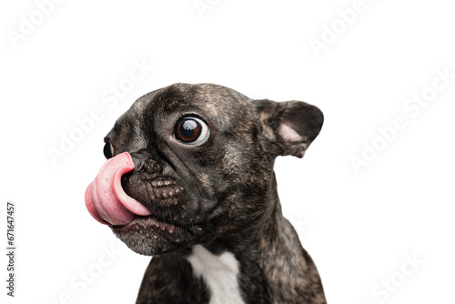 Beautiful, adorable, cute dog, purebred puppy of French bulldog posing isolated on transparent background. Tongue sticking out. Concept of motion, pets love, animal life. photo