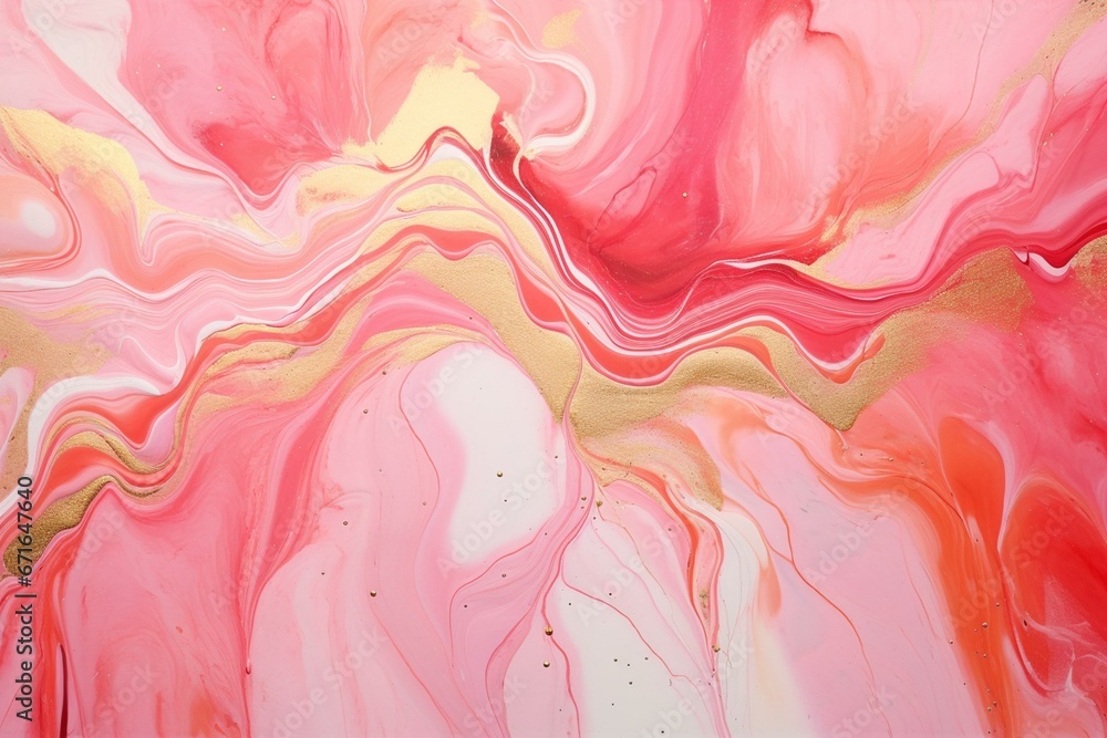 Stunning coral and pink acrylic pour, with flowing liquid texture and gold glitter. Generative AI