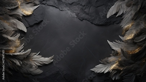 An ethereal spread of dove feathers across a dark slate with space reserved for memorial text. Condolence, funeral announcement, farewell. 