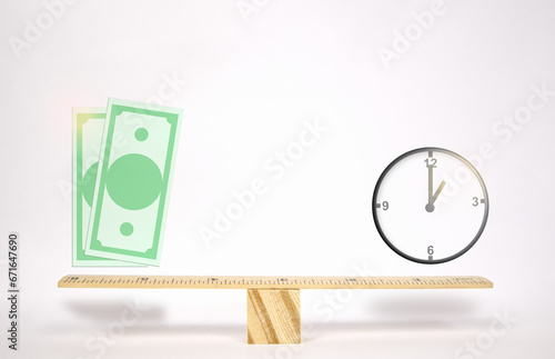 Money and Time clock symbols floating on white background. Work and life balance of new generation working man concept.