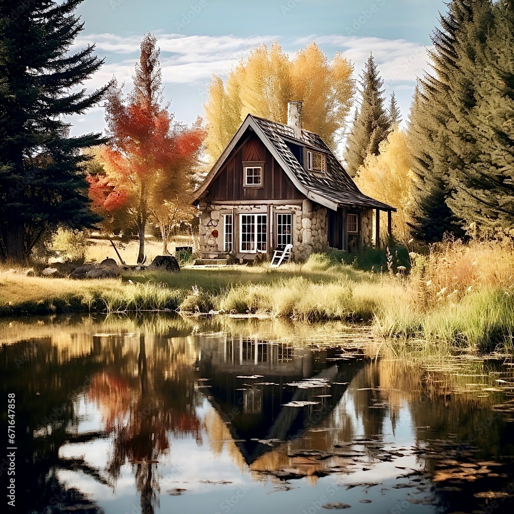 Fototapeta premium house on the river, cabincore aesthetic