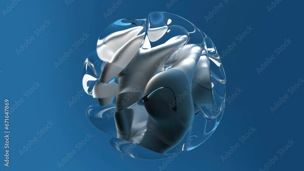 3d render of abstract art with surreal 3d organic alien ball or liquid substance in curve wavy smooth and soft bio forms in matte aluminium metal material with glossy glass parts on blue background