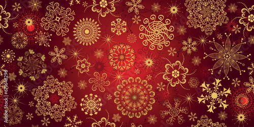 Vector Christmas seamless pattern with golden snowflakes and stars, red gradient background