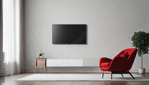 Red armchair in a living room with a wall-mounted TV and white wall photo