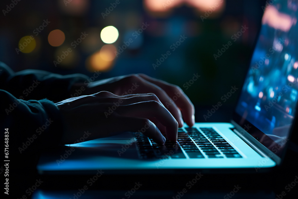 Male hands using laptop computer in the evening Male hands using laptop computer in the evening