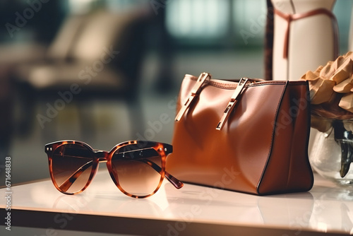 An elegant woman bag and a pair of sun glasses in a fashion woman store photo