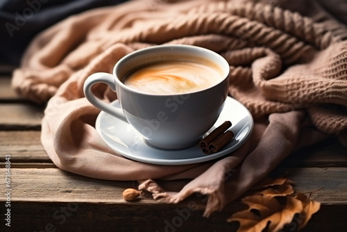 A cup of hot coffee sitting on an old wooden table along with a knitted scarf